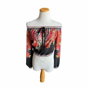 Womens Flying Tomato Off Shoulder Boho Tassel Floral Top - Sz S